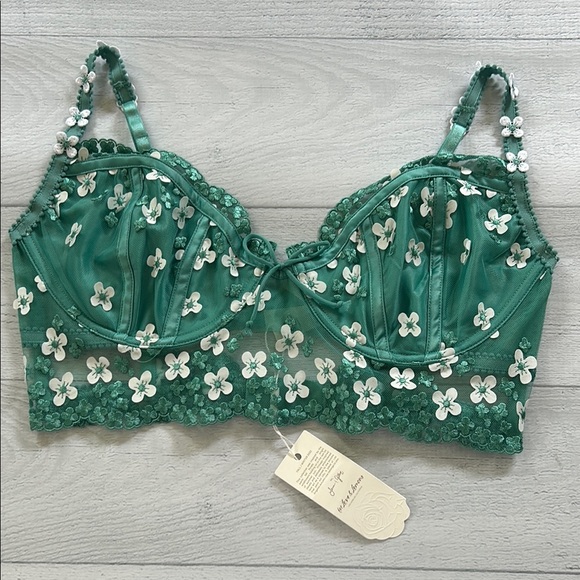 For Love And Lemons Other - For Love & Lemons Daisy Embroidered Longline Bra Jade Teal White Size 38C